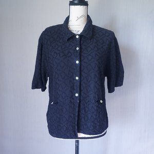Vintage Johnny Was Collection Eyelet Top Short Sleeve Mother-Peral Button Blue M